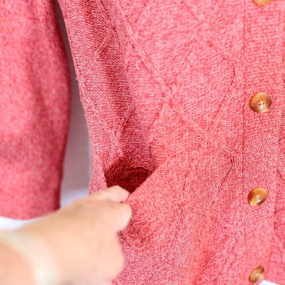 L.L. Bean Size L red marled long sleeve button front cable knit sweater - Picture 4 of 10